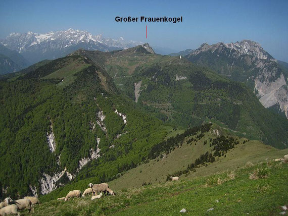 Die weitere Runde zeigt sich,  der Große Frauenkogel stellt den westlichsten und höchsten Punkt dar; links im Bild die Julischen ALpen