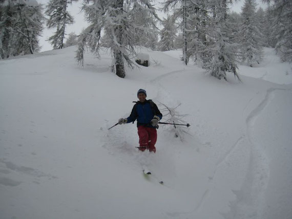 Abfahrt durch den Lärchenwald, Schneehöhe am 6.12.2008 >1m!