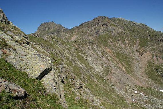 Links der Polinik, rechts der Kehlluckerlkopf, der Weg führt über den unscheinbaren Grat im Vordergrund
