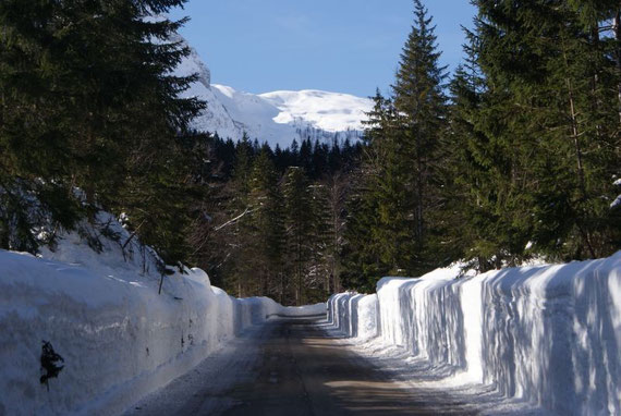 Fahrt zum Sella Nevea, gewaltige Schneewände schränken im Winter 2008/09 die Sicht ein