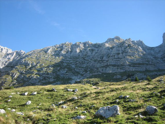 Über diese steilen Grasbänder führt der Steig hinauf zum Gipfel