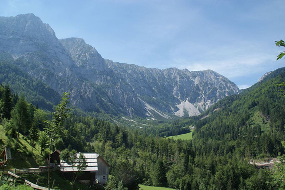 Beim Abmarsch der Blick durch den Hainžgraben zum Hochturm