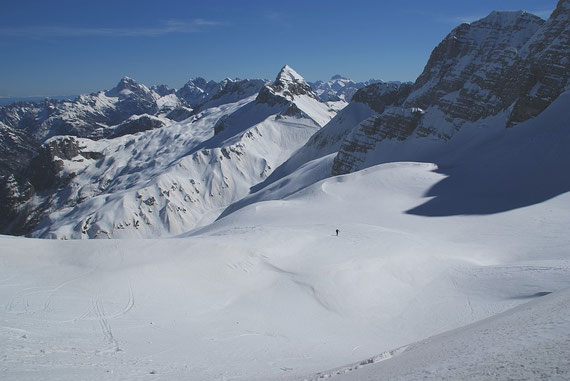 Blick vom Sattel in die Julier, Mangart Jalovec und Triglav zeigen sich (von links); im Vordergrund die Lopa (17.3.2014)