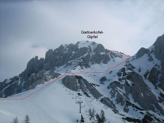 Aufstiegsroute auf den Gartnerkofel. Hier im Bild der letzte Pistenabschnitt und die Querung