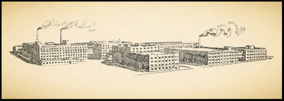 Historical sketch of the White Sewing Machine Company factory, showing expansive industrial buildings with smokestacks emitting smoke, highlighting the company's large-scale manufacturing capabilities in the early 20th century.