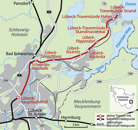 En rojo, línea ferroviaria entre Lübeck-Hauptbahnhof y Travemünde-Strand