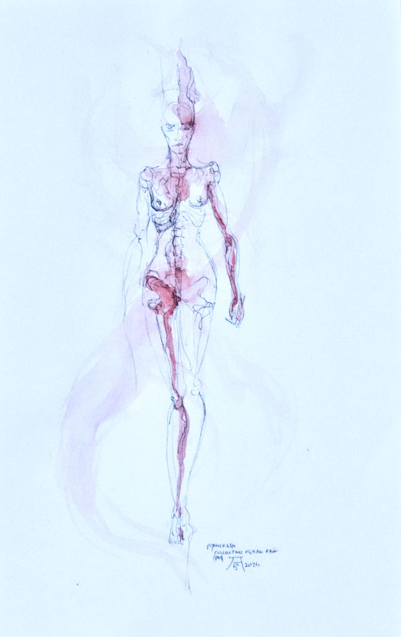 Painbody/ collective female pain' about dinA4 pen and aquarelle on paper