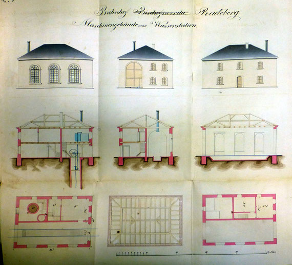 Das Maschinenhaus einschl. der Wasserstation des Radeberger Bahnhofes, gebaut nach dieser Vorgabe-Zeichnung der SSEG an die Stadtverwaltung Radeberg von 1845.