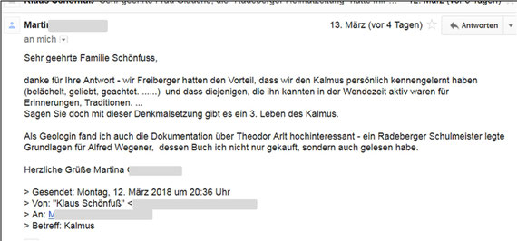 Theodor Arldt und Kalmus, Feedback einer Leserin nach dem Surfen auf unserer Homepage