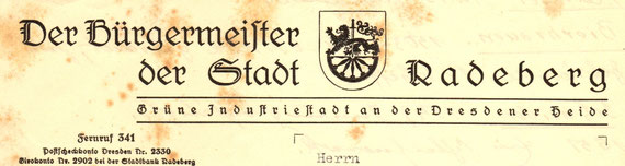 Schriftkopf aus dem Jahre 1941 mit der stolzen Stadt-Werbung „Grüne Industriestadt an der Dresdener Heide“. S.  4