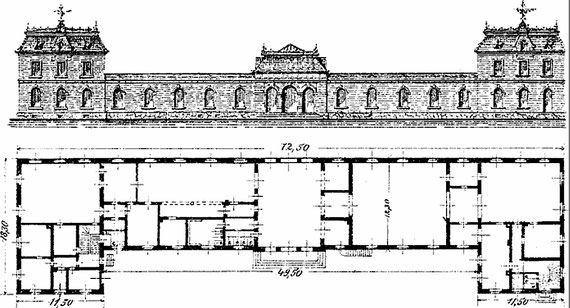 Ansicht des neuen Stationsgebäudes von 1897/98 (Straßenseite) und Grundriss des Erdgeschosses. S. 13