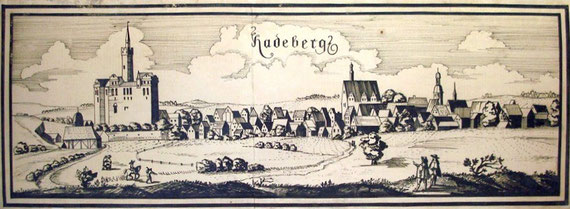 Stadtansicht Radeberg 1627 nach W. Dilich gezeichnet von Renate Schönfuß-Krause. 