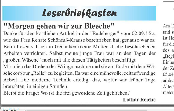 Leserbrief in "die Radeberger" Nr. 36 vom 9.9.2016