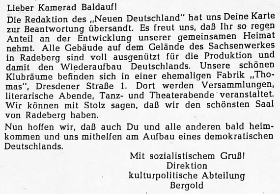 Brief an den sowjetischen Kriegsgefangenen Baldauf, der von der Klubhauseröffnung gelesen hatte („Der Motor“ Nr. 2; März 1949)