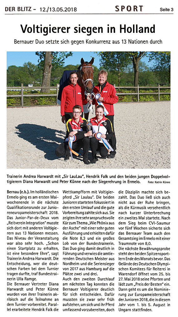 Sieg für das Volti-Duo des RVI bei der Qualifikation für die Europameisterschaft, erschienen am 12./13.05.2018 in "Der Blitz"