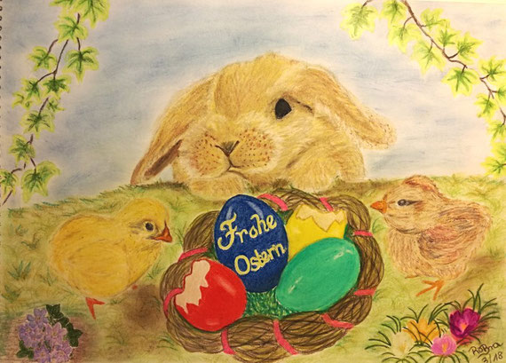 Osterhase, Pastellkreide und Buntstift, A4