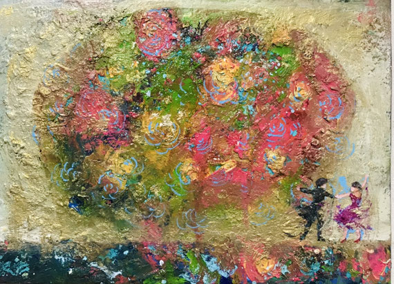 「花壇のワルツ」333×242mm アクリル、油彩、金箔/パネル