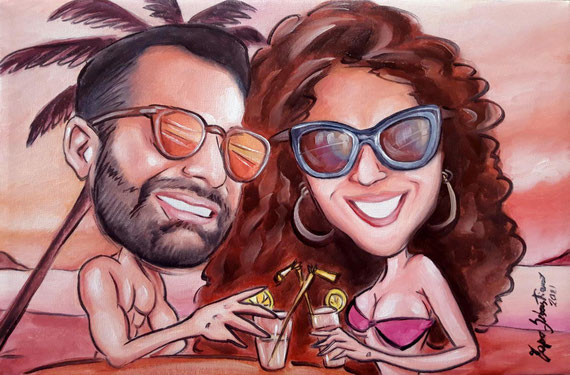 Caricatura ragazzi con drink al mare - Olio su tela 20X30