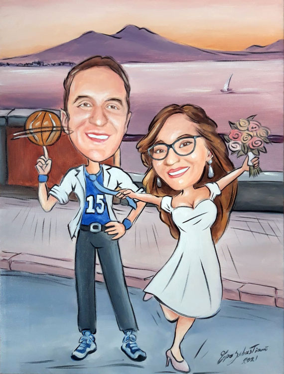 Caricatura sposi con sfondo del golfo di Napoli - Olio su tela 30X40