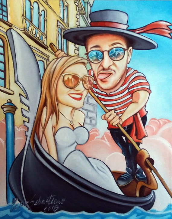 Caricatura di ragazzi su gondola - Olio su tela 40X50