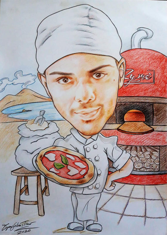Caricatura di pizzaiolo - Matite colorate su cartoncino - 50X70