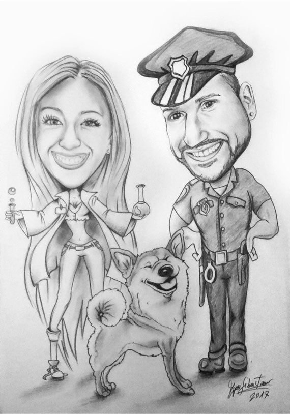Caricatura di ragazzi con cane - Matita su cartoncino 35X50