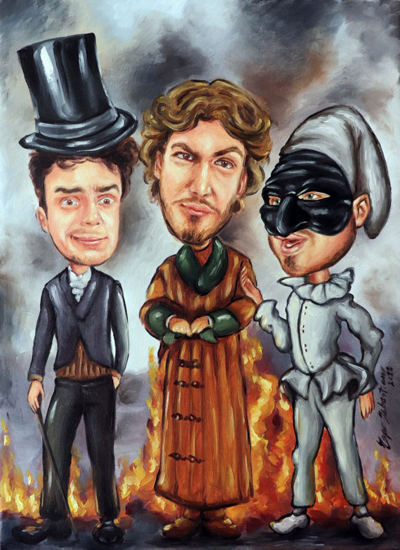 Caricatura attori scena commedia - Olio su tela 30x40