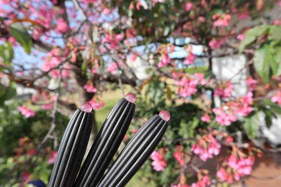 桜をモチーフにした琉球ガラスをカラクイに取り付けました。