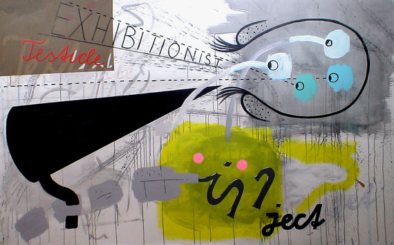 "exhibitionist testicle inject jet" 2m40x1m40 acrylic + crayon on canvas 2010