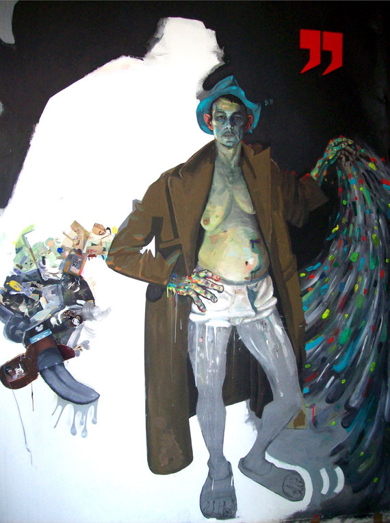 "hans im bild" acrylic, foto-collage and cardboard on canvas 2008 ca. life-size, detail