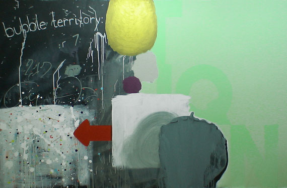 "bubble territory: deteriorating liquidity conditions" acrylic + oil crayons on canvas, 2m40x1m40, 2010; courtesy Ernst Herold Wien