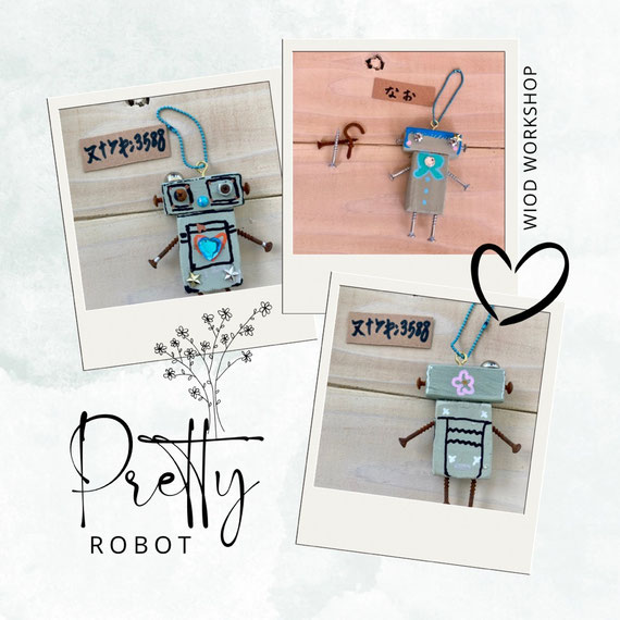 お客さんの作品。木工ワークショップのロボットキーホルダー