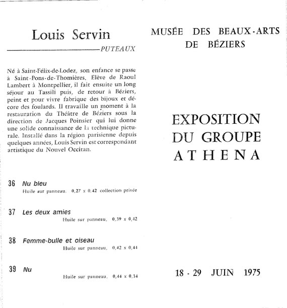 Cxpo Groupe Athéna 1975  Musée de Béziers avec notice de SERVIN