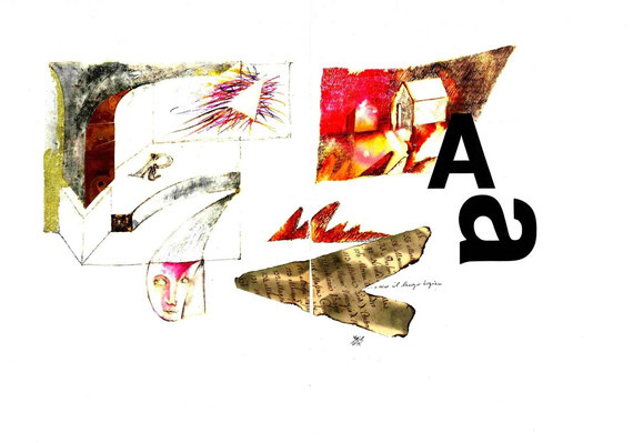 caratteri tipografici in legno e opera originale dell'autore a doppia pagina