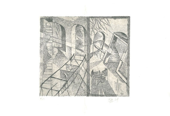 incisione originale di Marco Marchiani Mavilla a doppia pagina (misura lastra 185x210 mm)