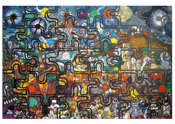 Collages & techniques mixtes sur puzzle, 155X120cm, 2011.