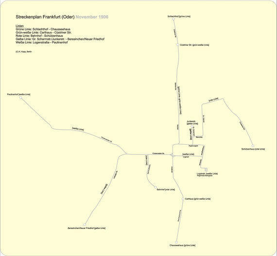 Das Streckennetz im Jahr 1906: Seit Eröffnung der Bahn 1898 gab es nur wenige Anschlussstrecken: Die Verlängerung vom Magazinplatz (Karl-Ritter-Platz) bis zum Schlachthof sowie von der Fürstenwalder Straße bis zum Paulinenhof.