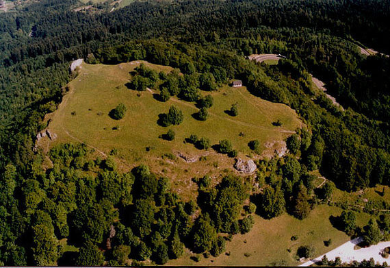 Die Lochen aus der Luft von Süden, die Kalkfelsen rechts und deren Umgebung sind der Lebensraum der Jovibarba