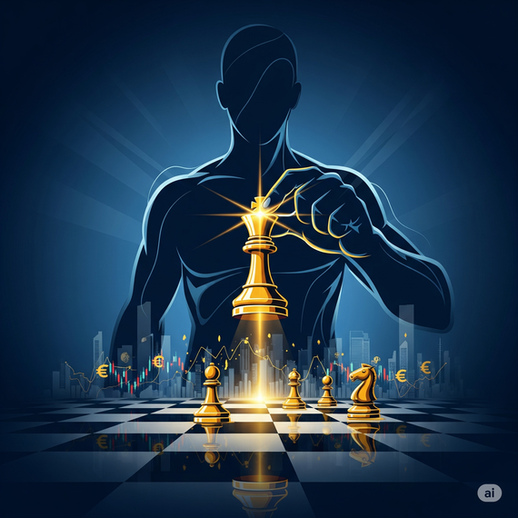 Ilustración conceptual de una figura sosteniendo una pieza de ajedrez dorada sobre un tablero de ajedrez financiero. La escena está iluminada con una luz azul profunda y acentos dorados, simbolizando estrategia y poder en las finanzas.