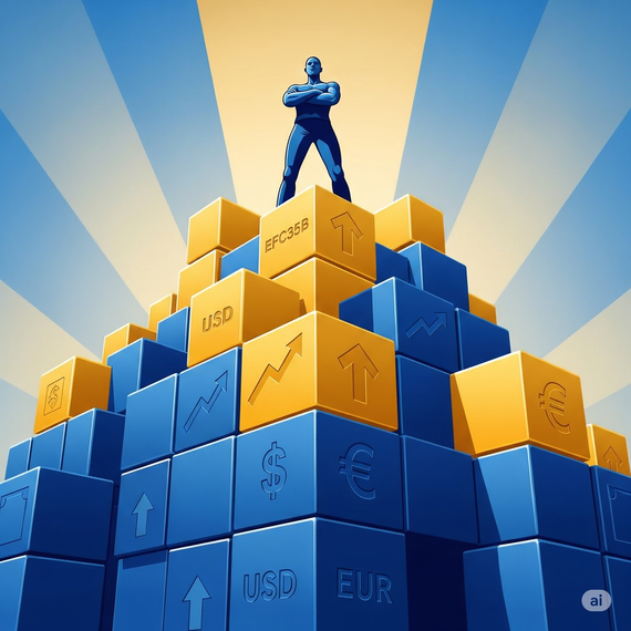 Ilustración conceptual de una persona parada con confianza sobre una base sólida de bloques apilados en tonos azul oscuro y dorado. Los bloques representan la construcción de riqueza y estabilidad financiera, con algunos grabados con símbolos de dinero