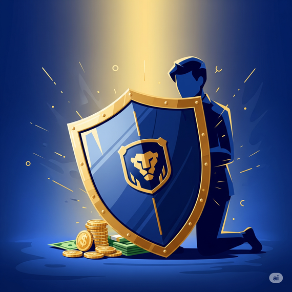 Ilustración conceptual de una persona protegiendo una pequeña pila de monedas y billetes con un escudo grande. La paleta de colores es azul oscuro y dorado, transmitiendo una sensación de defensa y seriedad en la gestión financiera.