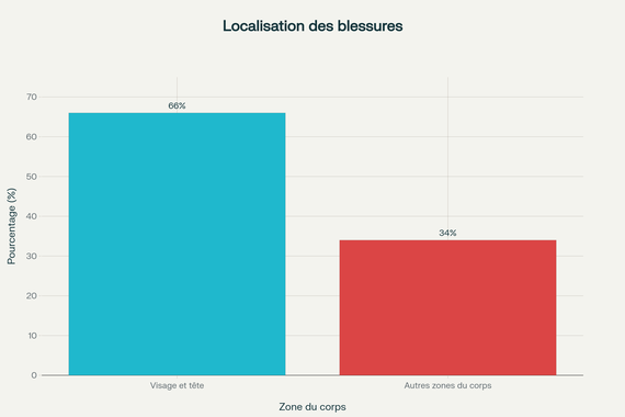 Localisation des blessures dans l'étude (66% au visage/tête)
