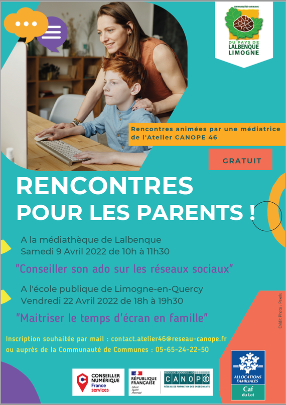 "Maitriser le temps d'écran en famille" "Conseiller son ado sur les réseaux sociaux" POUR LES PARENTS ! A la médiathèque de Lalbenque Samedi 9 Avril 2022 de 10h à 11h30 A l'école publique de Limogne-en-Quercy Vendredi 22 Avril 2022 de 18h à 19h30 Crédit P