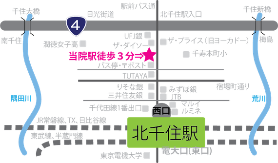 ウィート女性クリニック北千住　北千住駅から見た地図