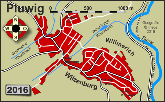 Geografik: (c) Theophil Schweicher 2013; Kartengrundlage: Topographische Karte 1:25.000 (TK25), Blatt 6306; ca. 2005, sowie Google Earth-Auswertung 2016