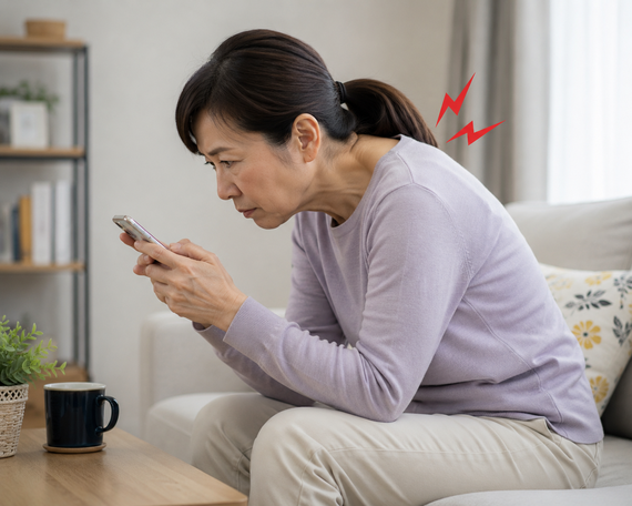 スマホゲームに夢中で姿勢が悪くなっている女性