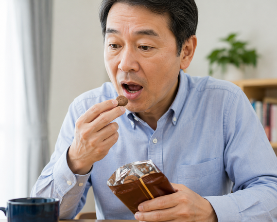 お菓子を最後まで食べている男性