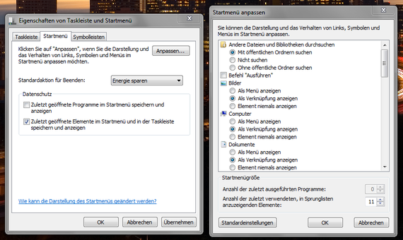 Eigenschaften Startmenü