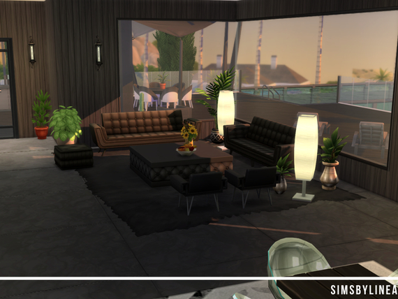 Modern interior design, black furniture and a big window. Made in The Sims 4 with custom content from TSR.
