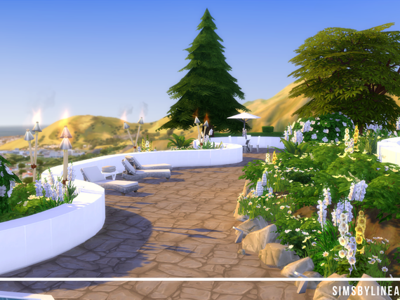 Backyard with a stunning view and beautiful landscaping, torches and deck chairs, built in The Sims 4